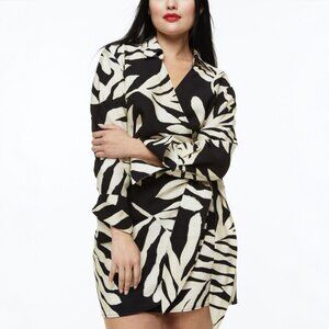 H&M // Black and White Tropical leaf Wrap Long Sleeve Dress XXL